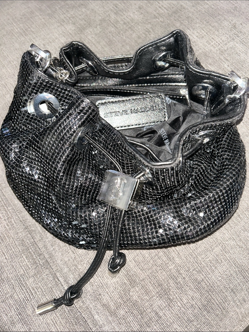 Steve Madden Black Sequin Drawstring Mini Bucket Bag